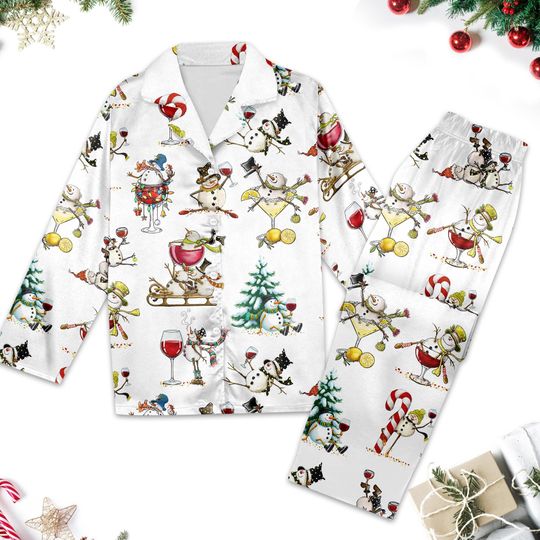 Discover Winey Snowman Pajamas, Snowman Christmas Pajamas, Funny Snowman Matching Pajamas, Snowman Drink Pajams Set, Snowman Family Matching