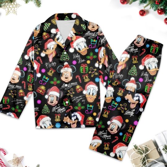 Discover Disney Mickey And Friends Signatures Neon Light Lapel Pajamas Set, Mickey Mouse Women Pajamas, Mickey Christmas Pajamas Set, Disney Pajamas