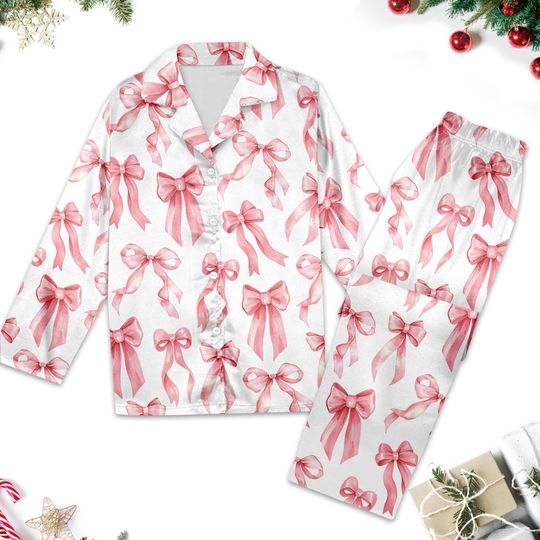 Discover Pink Bow Tie Christmas Pajamas, Pink Pajamas Set Women, Bow Tie Pajamas Matching, Cute Bow Tie Xmas Holiday Party, Pink Bow Pajamas Gift