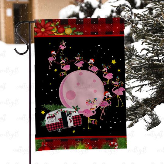 Winter Camping Flamingo Porch Flag, Cute Holiday Flamingo Flag, Flamingo In Santa Hat Yard Flag, Xmas Flamingo Camper Garden Decor, MYJ982