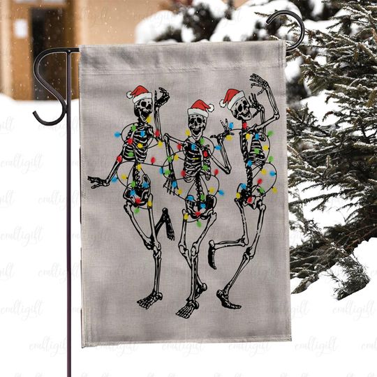 Funny Skeleton In Santa Hat Winter Flag, Dancing Skeleton Holiday Flag, Skeleton With Xmas Lights Flag, Spooky Festive Outdoor Flag, MYJ976