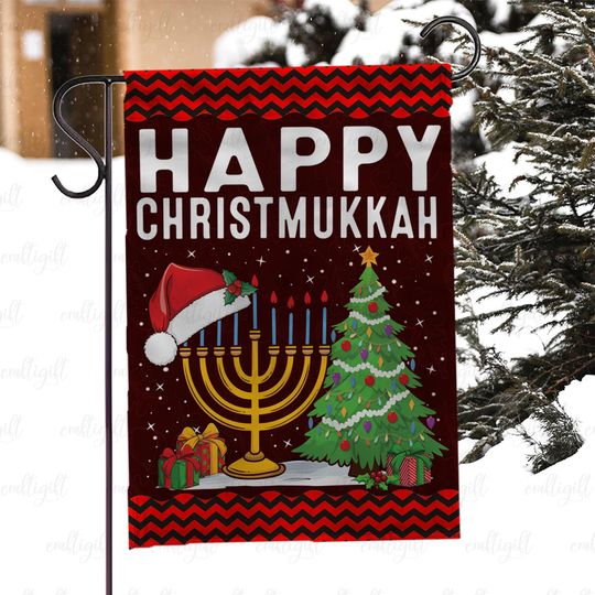 Happy Chrismukkah Garden Flag, Jewish Holiday Chrismukkah Flag, Menorah Xmas Tree Celebration Flag, Chrismukkah Winter Holiday Flag, MYJ998