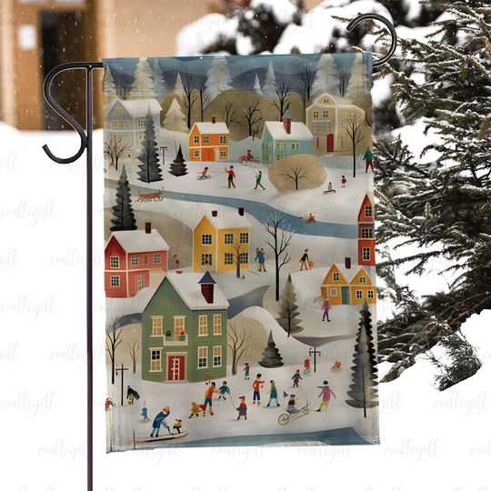 Discover Festive Christmas Winter Village Flag, Winter Village Street Scene Flag, Holiday Snowy Houses Garden Flag, Xmas Snow Landscape Flag, MYJ999