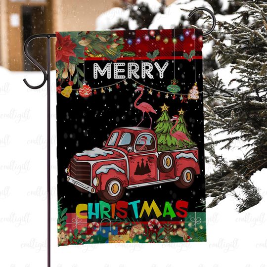 Discover Vintage Red Truck With Flamingo Xmas Flag, Holiday Flamingo Outdoor Flag, Merry Christmas Red Truck Flag, Winter Holiday Garden Decor,MYJ984
