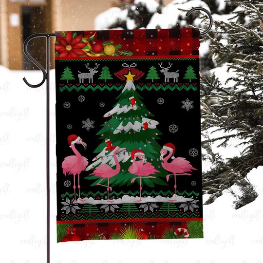 Discover Christmas Flamingo Tree Yard Flag, Cute Flamingo In Santa Hat Flag, Tropical Flamingo Holiday Flag, Xmas Flamingo Ugly Sweater Flag, MYJ985