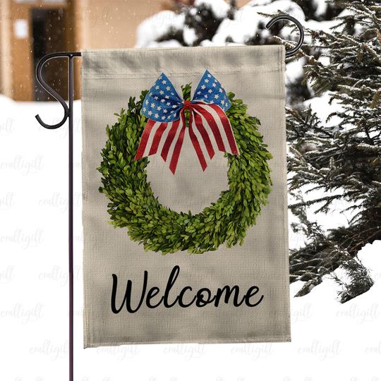 Rustic Welcome American Wreath Flag, Decorative Welcome Door Flag, Memorial Day Patriotic Yard Flag, Everyday Welcome Garden Decor, MYJ942