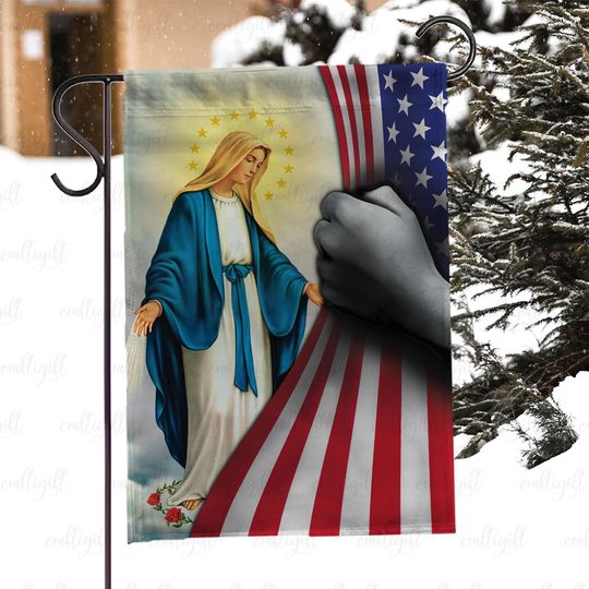 Christian Virgin Mary Garden Flag, Blessed Mother With American Flag, Holy Mary Patriotic Yard Flag, Catholic Faith Usa Flag Decor, MYJ969