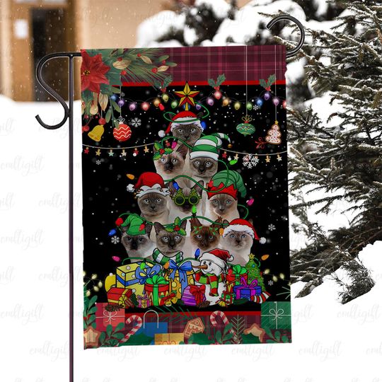 Discover Holiday Cats Tree Yard Flag, Siamese Cats In Santa Hats Flag, Christmas Garden Flag With Cats, Cute Cat Lovers Xmas Outdoor Decor, MYJ954