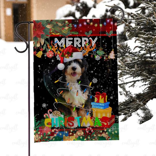 Christmas Lights Bernedoodle Flag, Merry Christmas Dog Porch Flag, Cute Puppy Christmas Outdoor Flag, Bernedoodle Holiday Porch Decor,MYJ944