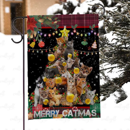 Discover Cute Festive Cats Xmas Tree Garden Flag, Merry Catmas Yard Flag, Kitty Tree Holiday Porch Flag, Funny Cat Lover Xmas Outdoor Decor, MYC867