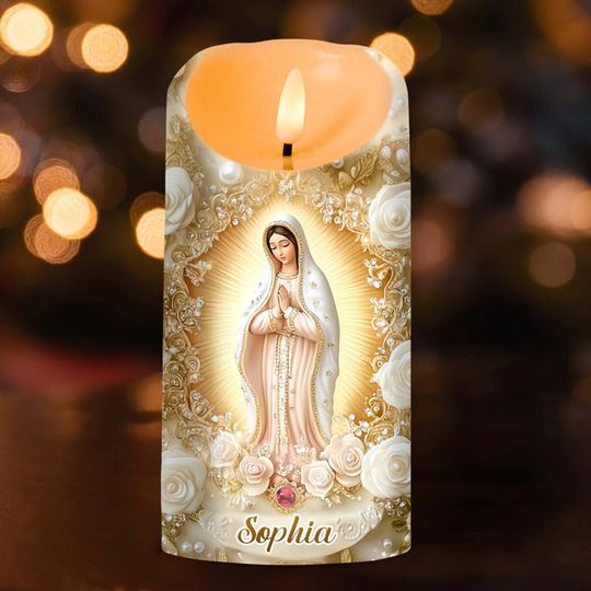 Discover Personalized Virgin Mary Flameless Prayer LED Candle, Our Lady of Guadalupe LED Religious Candle, Catholic Gift for Spiritual Home Dcor