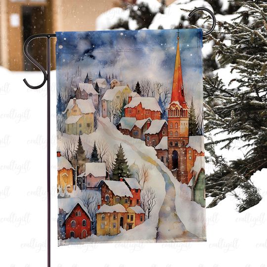 Christmas Snowfall Village Yard Flag, Winter Church Scene Flag, Snow Covered Town Holiday Flag, Xmas Festive Wonderland House Flag, MYC846