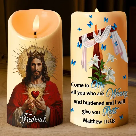 Discover Custom Sacred Heart Of Jesus LED Candle Christian Prayer Cross Flower