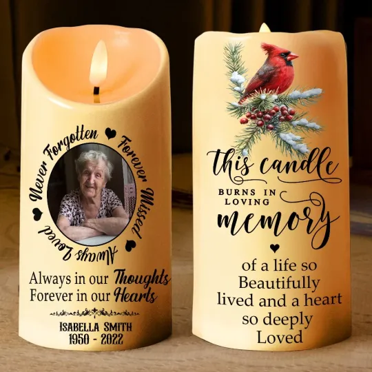 Custom Photo Memorial LED Candle Loss Of Loved One Cardinal Christmas