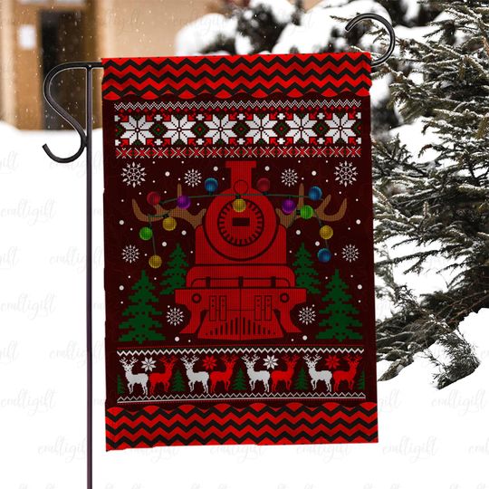Discover Retro Train Winter Yard Flag, Christmas Train With Lights Flag, Festive Locomotive Ugly Sweater Flag, Holiday Train Winter Porch Flag,MYC889