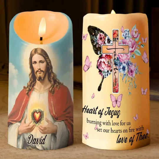 Custom Heart Of Jesus LED Candle Without Battery Christ Cross Butterfly Candle