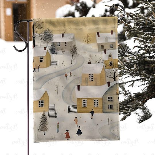 Discover Snowy Christmas Village Yard Flag, Festive Snowfall House Flag, Seasonal Town Holiday Garden Flag, Winter Wonderland Outdoor Decor, MYC896