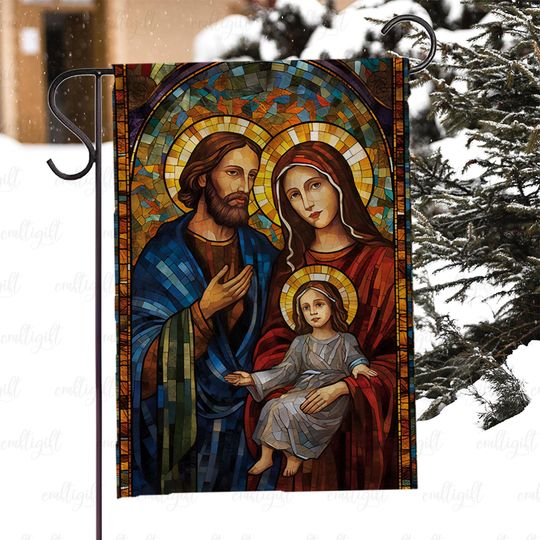 Sacred Christian Family House Flag, Stained Glass Jesus Mary Flag, Holy Family Christmas Decoration Flag, Catholic Church Decor Flag, MYC875