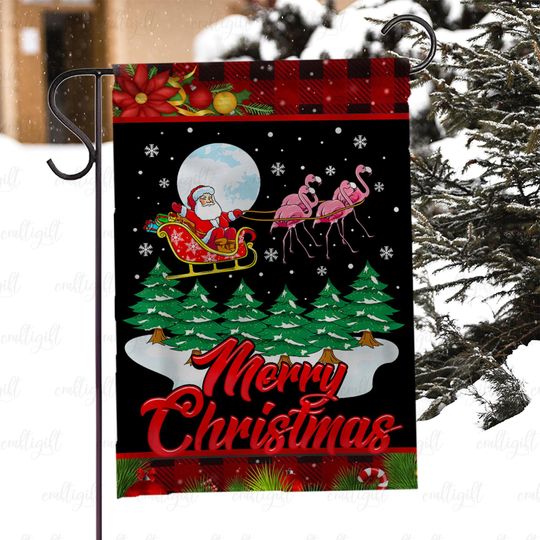 Santa Sleigh With Flamingo Xmas Flag, Santa Flamingo Festive Christmas Flag, Santa Night Sky Winter Flag, Merry Christmas Porch Decor,MYC898