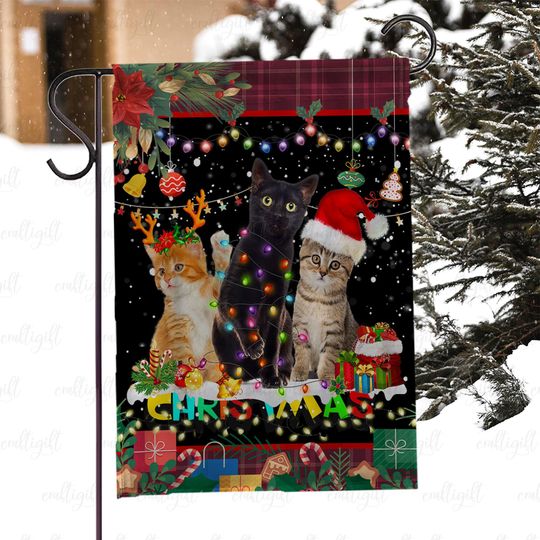 Discover Christmas Cats In Santa Hat Flag, Holiday Cats With Lights Garden Flag, Outdoor Cat Lover Xmas Decor, Festive Cat Porch Decor Flag, MYC897