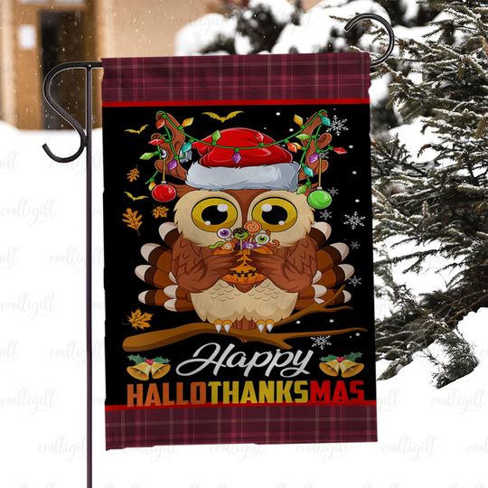 Happy Hallothanksmas Owl Garden Flag, Owl Flag With Santa Hat, Cute Owl Christmas Holiday Yard Flag, Funny Seasonal Owl Porch Decor, MYC883