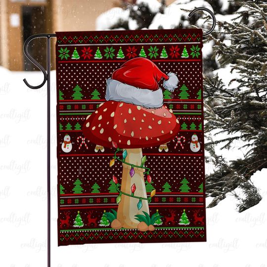 Discover Cheerful Xmas Mushroom Outdoor Flag, Cute Mushroom Santa Hat Flag, Holiday Forest Mushroom Flag, Christmas Mushroom Ugly Sweater Flag,MYC872