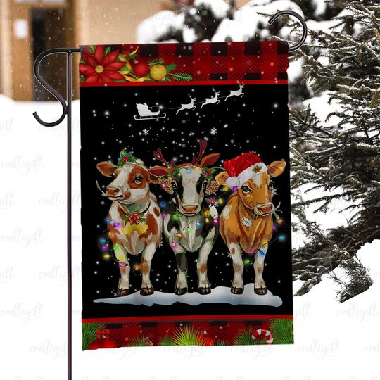 Discover Winter Cows With Santa Hat Garden Flag, Christmas Lights Cow Yard Flag, Farm Animal Xmas Porch Flag, Festive Cow Trio Outdoor Decor, MYJ973