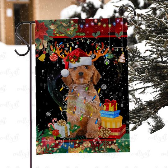 Discover Cute Cockapoo Dog With Santa Hat Flag, Festive Dog And Presents Flag, Christmas Lights Dog Yard Flag, Holiday Pet Lover Outdoor Decor,MYJ972