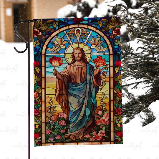 Jesus Religious Garden Flag, Christian Stained Glass Porch Flag, Faith Inspired Catholic Yard Flag, Sacred Heart Decorative Yard Flag,MYJ993