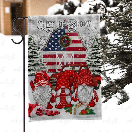 Gnome Lovers Christmas Outdoor Flag, Let It Snow Patriotic Garden Flag, Gnome Family Winter Flag, Snowy Farmhouse Xmas Outdoor Flag, MYJ991