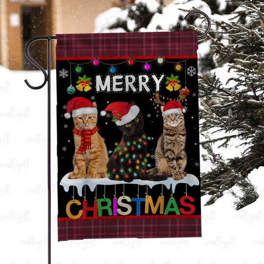 Discover Santa Hat Cats With Festive Lights Garden Flag, Merry Christmas Cats Flag, Winter Cat Outdoor Flag, Funny Cat Lovers For Xmas Decor, MYJ953
