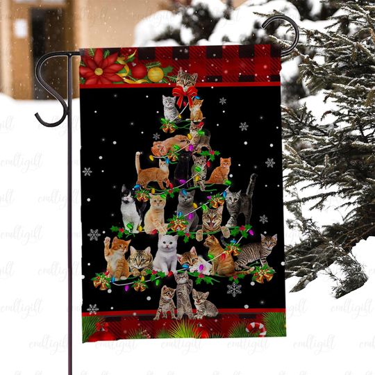 Discover Cute Cat Lover Christmas Tree Yard Flag, Holiday Garden Flag With Cat And Lights, Funny Cat Festive Xmas Flag, Pet Winter Yard Decor, MYJ952