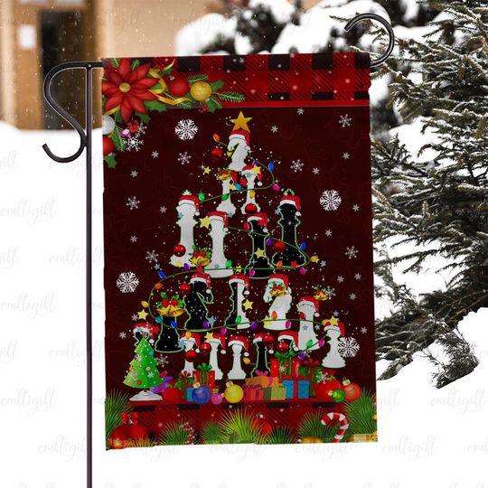 Discover Christmas Tree Made Of Chess Pieces Flag, Chess In Santa Hat Pieces Xmas Flag, Chess Lover Garden Flag, Festive Chess Lover Gift Flag,MYJ970