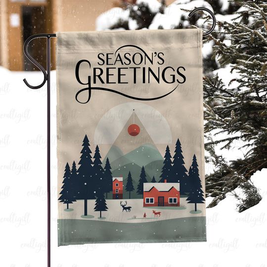 Seasons Greetings Winter Scene Flag, Snowy Cabin Xmas Porch Flag, Minimal Christmas House In Forest Flag, Xmas Holiday Garden Decor, MYJ963