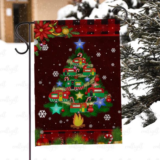 Discover Christmas Tree Flag With Campers, Cozy Camping Christmas Flag, Xmas Camper Flag For Rv Lovers, Winter Camper Trailer Outdoor Decor, MYJ947