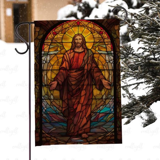 Religious Garden Flag With Jesus, Faith And Spiritual Yard Flag, Jesus Porch Flag Stained Glass, Inspirational Catholic Outdoor Flag, MYJ955