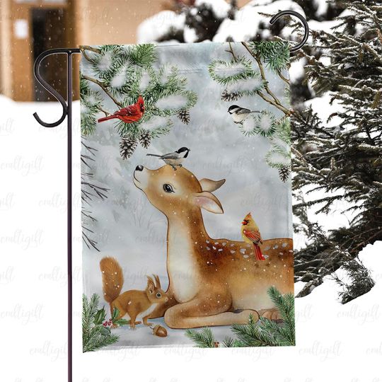 Discover Snowy Deer Christmas Porch Flag, Nature Winter Deer And Birds Holiday Flag, Wildlife Christmas Yard Flag, Festive Xmas Outdoor Decor, MYJ965