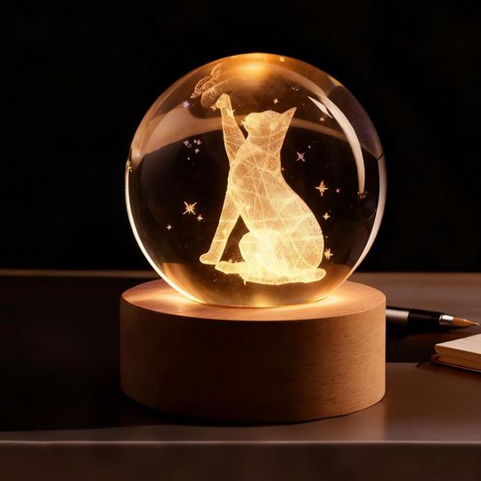 Discover 3D Cat Crystal Ball Lamp, K9 Glass Sphere, Color Changing LED Base