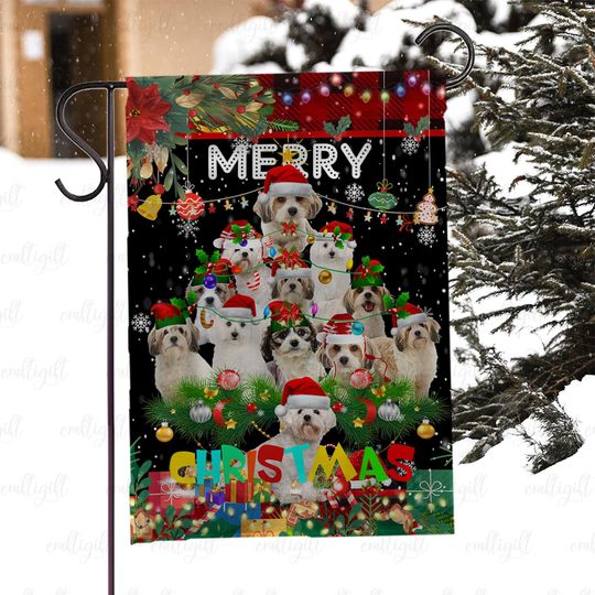 Cute Dogs With Santa Hats Garden Flag, Funny Dogs Christmas Tree Flag, Winter Dogs Holiday Flag, Festive Outdoor Flag For Dog Lovers, MYJ957