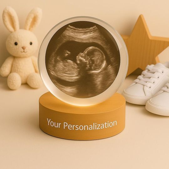 Personalized 3D Baby Ultrasound Crystal Lamp  Custom Engraved Sonogram Night Light with Base, Unique Pregnancy Keepsake and Nursery Decor