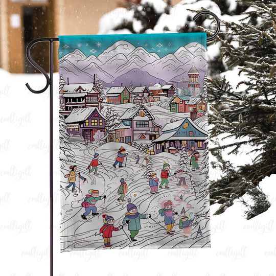 Discover Snowy Village Scene Yard Flag, Christmas Skiing Resort Porch Flag, Mountain Town Winter Outdoor Flag, Festive Winter Garden Decor, MYJ958