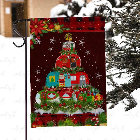 Discover Holiday Camper Tree Flag With Santa Claus, Camping Christmas Tree Flag, Christmas Garden Flag With Rv Campers, Festive Outdoor Decor, MYJ949