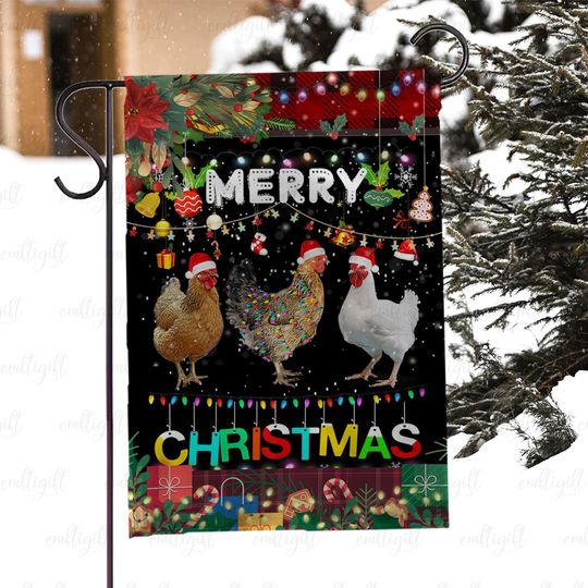 Funny Chicken Christmas Flag, Rooster And Hen Xmas Porch Flag, Farm Animal Holiday Garden Flag, Rustic Farm Barn Winter Yard Decor, MYJ959