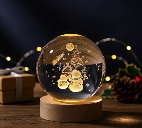 3D Laser Engraved Christmas Crystal Ball | LED Holiday Decor