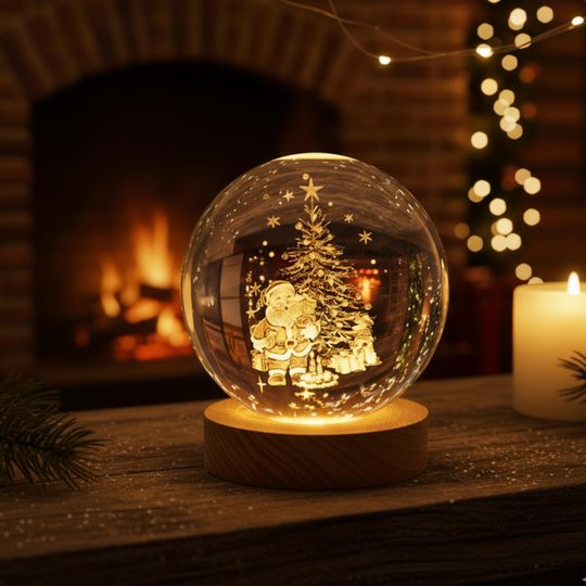 Christmas Crystal Ball LED Night Light - 3D Laser Engraved Santa Snowman - Color Chaning Cyrystal Lamp Gift Decor, Holiday Gift
