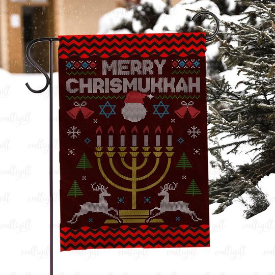 Christmas Hanukkah Garden Flag, Merry Chrismukkah Porch Flag, Menorah And Reindeer Winter Yard Flag, Interfaith Holiday Outdoor Decor,MYJ960