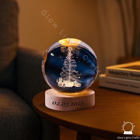 Christmas Tree Crystal Ball Night Light with Wooden Base, 3D Glass Lamp