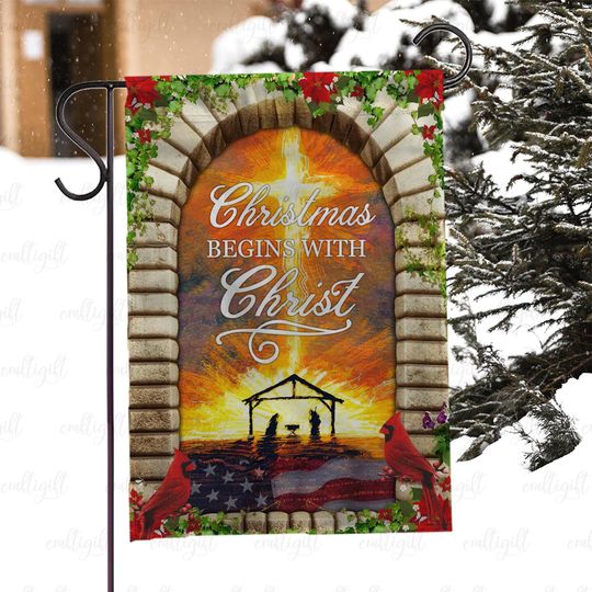 Discover Christmas Flag With Jesus Nativity Scene, Christmas Begins With Christ Flag, Faith Based Christmas Flag, Christian Outdoor Xmas Flag, MYJ951