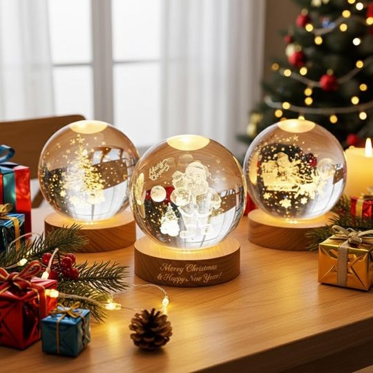 Discover Christmas Crystal Ball LED Night Light  3D Engraved Angel & Nativity Scene  Personalized Religious Lamp Gift for Christian Home Decor