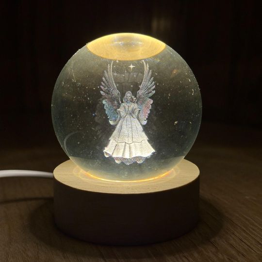 Engraved Angel Crystal Ball with LED Light Base: Serene Spiritual Decor